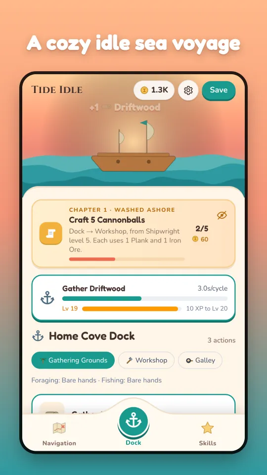Tide Idle gameplay: a ship sailing between islands